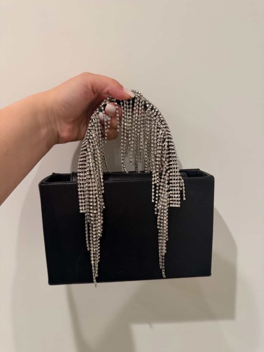 KARA Black Evening Box Bag with Silver Crystal Fringe Handle